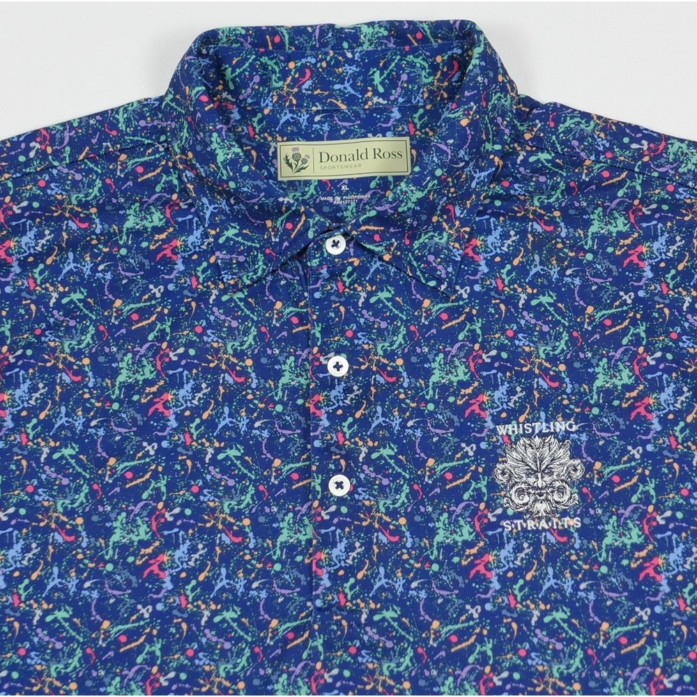 Donald Ross Whistling Straits Polo Mens 2XL Blue Paint Splatter Print Golf Shirt
